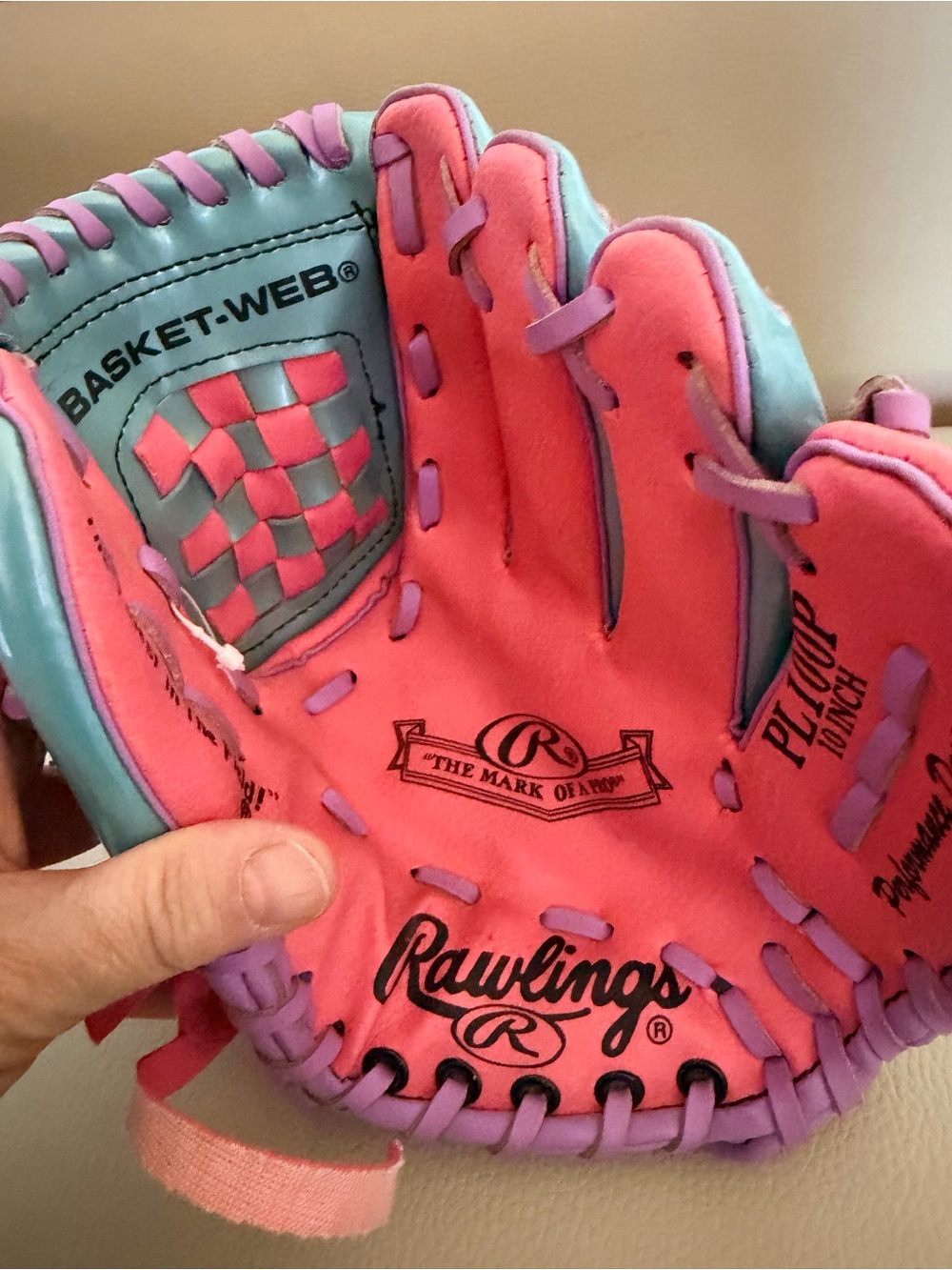 Rawlings Basket-Web PL100P 10” Youth Baseball/Softball Glove Pink Teal Purple